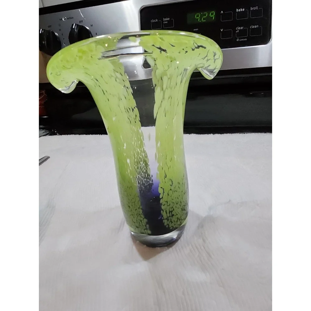 VTG~Murrhina Spatter~Lime Green/Purple~Art Glass Vase~Flared Lip~Hand Blown~8